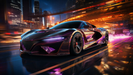 Futuristic Sports Car On Neon Highway, Powerful acceleration of a supercar with colorful lights trails generative ai - obrazy, fototapety, plakaty