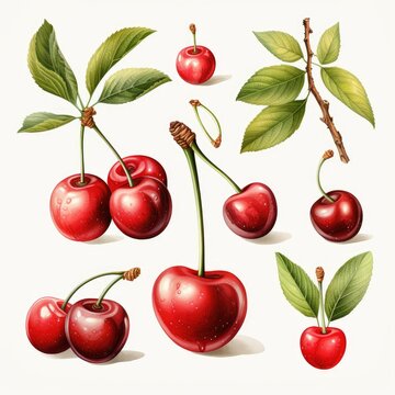 watercolor set of fresh cherry berries isolated on white, AI Generated