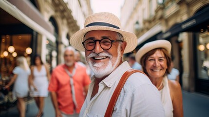 Obraz premium Seniors enjoy a luxurious and joyous vacation with style and enthusiasm. Generative AI