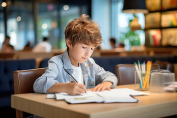 Fototapeta na wymiar boy doing homework in cafe