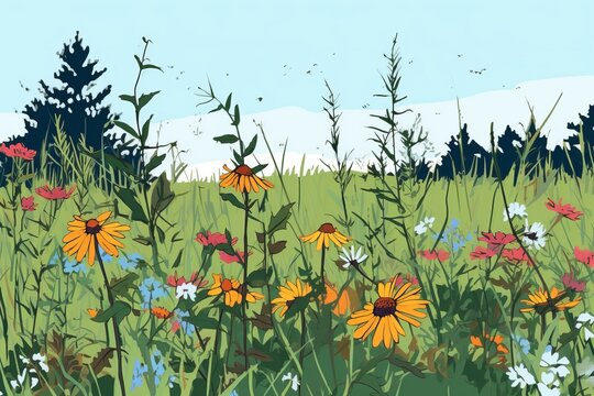 Colorized Drawing of a Countryside Flower Meadow