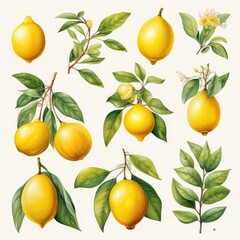 watercolor lemon set isolated on white, AI Generated