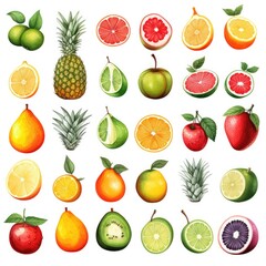 watercolor fresh summer fruit set isolated on white, AI Generated