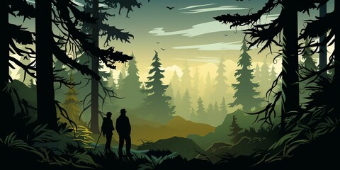  forest scene with various forest trees two man vector style, Generative ai