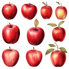 watercolor red apple set isolated on white, AI Generated