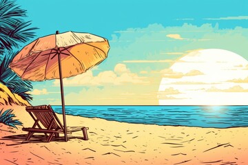 Colorized Drawing of a Tropical Summer Beach