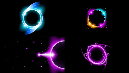 Set Sun Eclipse Solar Collection Color Fire Dark Background Vector Moon Design Style Space Science Glow Light