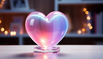 Glass heart on a table in front of a fireplace