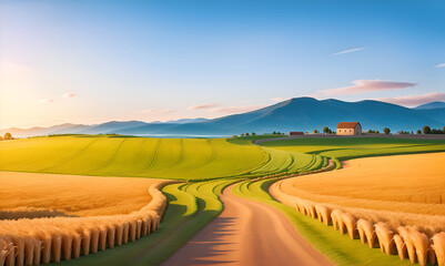 Obraz premium Large wheat in field at a beautiful sunset of nature landscape in sun. Extended rich harvest. Areas agricultural production. Healthy food. Summer season warm. Barley field.