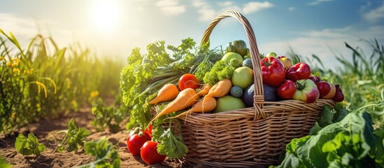 a lot of vegetables in weaven basket on plantation farm ground with morning light, Generative Ai
