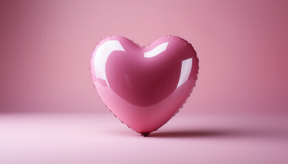 A pink balloon in a heart shape on the table on isolated pink background