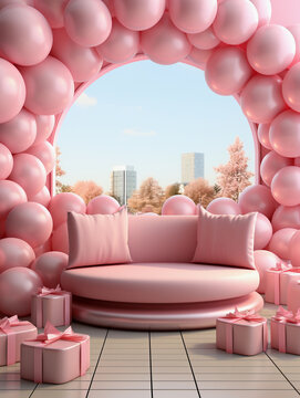pink color tone contemporary interior design concept with pink ballon as decorations and gifts box, in a living room