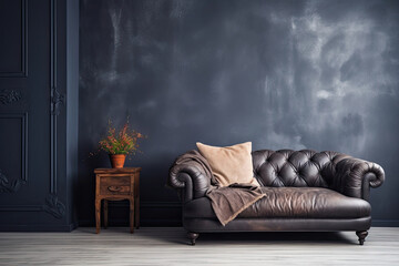 Lavish black Couch Complementing a midnight bluel Wall: The Perfect Fusion of Classic Comfort and Chic Interior Design
