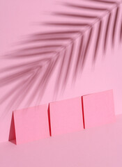 Memo papers on a pink background with palm leaf shadow. Creative layout, minimalism