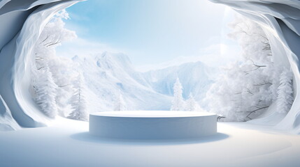 Realistic and modern ice product display podium with ice and snow cave and mountain background. Presentation showcase backdrop for beauty product, home, or body products. Generative AI