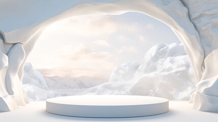 Realistic and modern ice product display podium with ice and snow cave and mountain background. Presentation showcase backdrop for beauty product, home, or body products. Generative AI