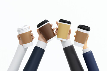 Hand holding paper coffee cup with blank labels, mock up, 3D rendering.