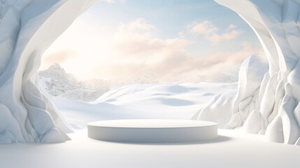 Realistic and modern ice product display podium with ice and snow cave and mountain background. Presentation showcase backdrop for beauty product, home, or body products. Generative AI