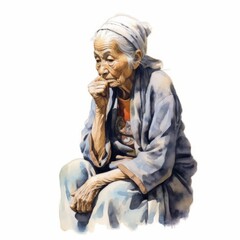 Asian old woman in thinking and doubts watercolor illustration. Female character with dreamy face on abstract background. Ai generated watercolor poster.