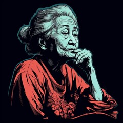 Asian old woman in thinking and doubts monochrome illustration. Female character with dreamy face on abstract background. Ai generated sketch poster.