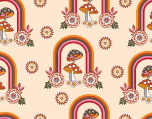 Fall/ Autumn Vibe with 70s groovy hippie retro seamless pattern. - 628767103
