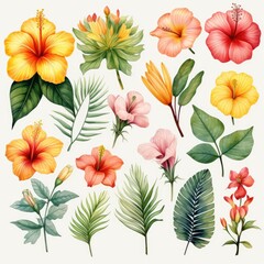watercolor plumeria elements isolated on white, AI Generated
