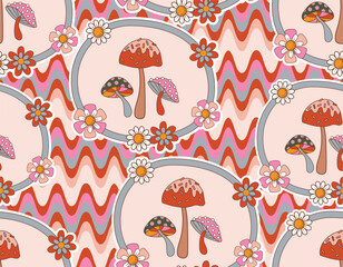 Fall/ Autumn Vibe with 70s groovy hippie retro seamless pattern.