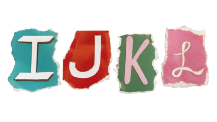 I, J, K and L alphabets on torn colorful paper . Ransom note style letters.