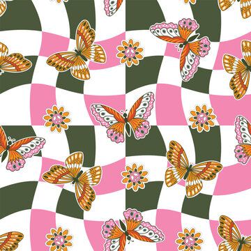 Fall/ Autumn Vibe with 70s groovy hippie retro Pumpkin and Butterfly seamless pattern.