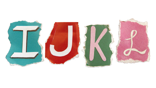 I, J, K and L alphabets on torn colorful paper . Ransom note style letters.