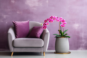 Enchanting gray Velvet Sofa Against an Elegant lavender Wall: A Masterpiece of Luxurious Living Room Decor
