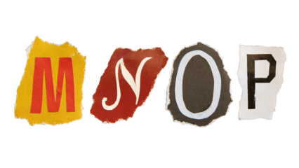 M, N, O and P alphabets on torn colorful paper . Ransom note style letters.