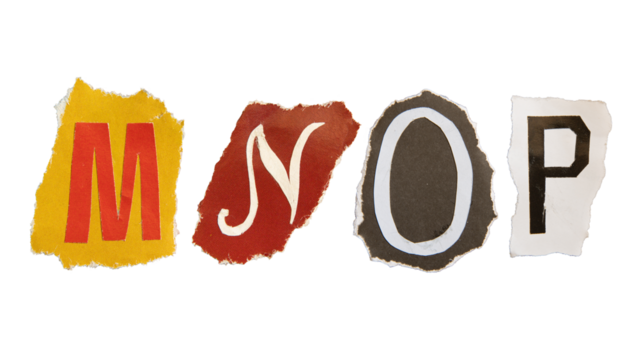 M, N, O and P alphabets on torn colorful paper . Ransom note style letters.