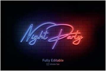 Vector neon effect logo for neon text effect and neon light night party editable text effect and night club