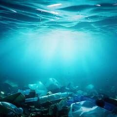 Seabed polluted with garbage, plastics in the ocean