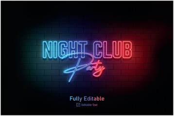 Vector neon effect logo for neon text effect and neon light night party editable text effect and night club