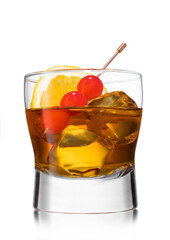 Old fashioned cocktail with cherries on still pick and orange slice on white background.