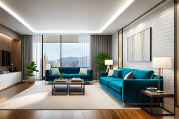 Interior of modern living room with comfortable sofa. 3d illustration.