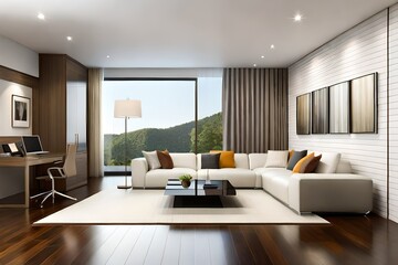 Fototapeta premium Interior of modern living room with comfortable sofa. Modern living room