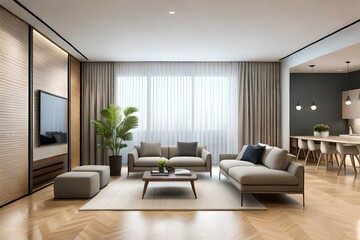 Naklejka na ściany i meble Interior of modern living room with comfortable sofa. Living room interior