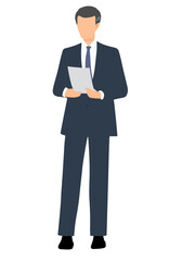 立ち姿で書類を読む男性弁護士のフラットカラーイラスト