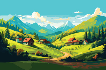 Vector landscape illustration of summer countryside