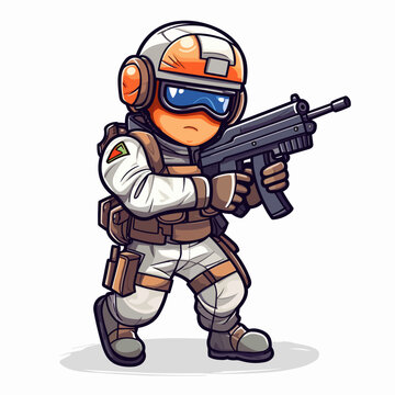 Soldier with a machine gun and helmet. Airsoft player ready to shoot. Cartoon vector illustration. isolated background