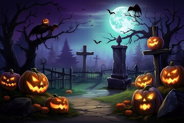Halloween pumpkins near a tree in a cemetery with a scary house. Halloween background at night forest with moon and bats.