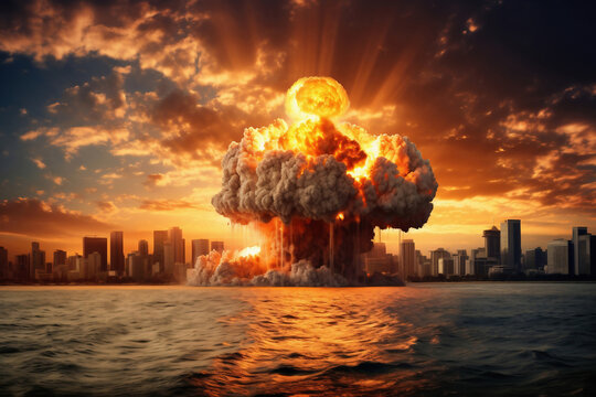 Nuclear explosion against the backdrop of a large city on the sea or ocean. Sunset. Apocalypse. War. Nuclear threat. Third World War.