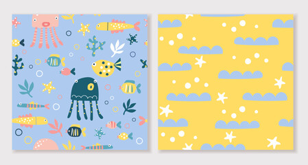 Seamless patterns collection for kids. Vector set includes cute graphic elements, hand drawn cartoon, cute background used for printing, wallpaper, children's clothing pattern design.
