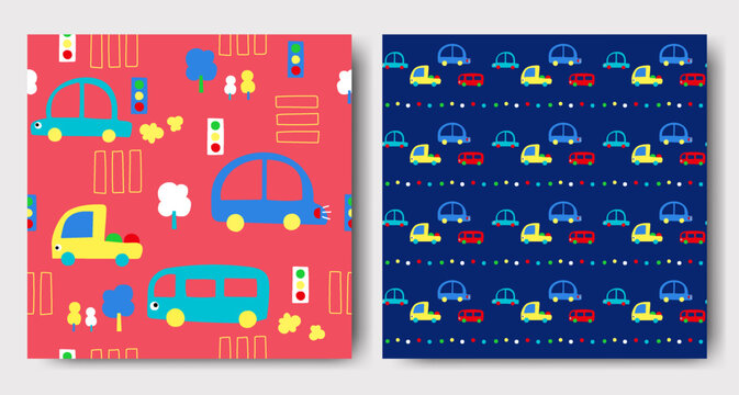 Seamless patterns collection for kids. Cute graphic elements, .elements with cute cars, hand-drawn in children's style used for fabric, textile, print, and decorative wallpaper