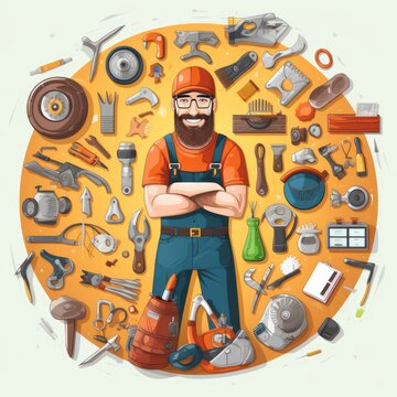 Illustration handyman lots of tools, AI generated Image