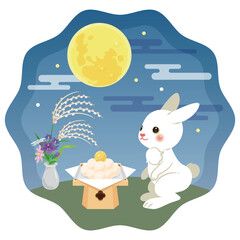 夜空の満月とウサギと秋の花々と月見団子1