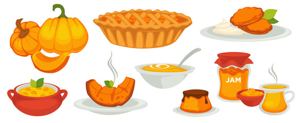 Pumpkin vegetable dishes and desserts variety